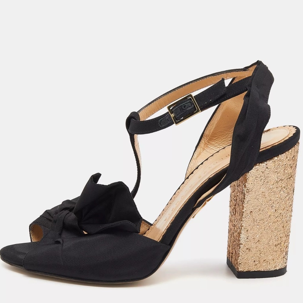 Charlotte Olympia Odelle Black T Strap Gold Glitter Heels